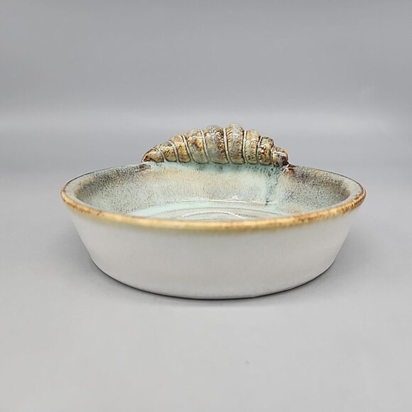 Art Pottery Soap Trinket Dish Shell Swirl Decor On Edge Blue Brown 5" - Picture 3 of 5